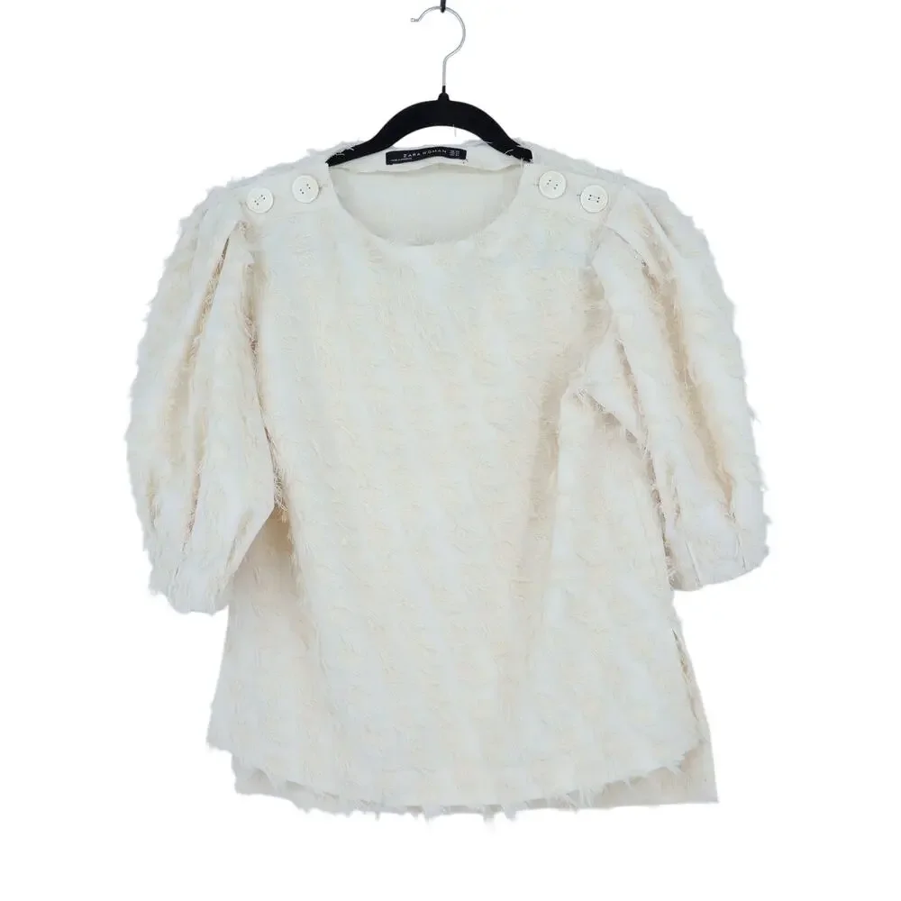 ZARA Fringe Jacquard Top Ivory Puff Sleeve Relaxed Fit Women's XS